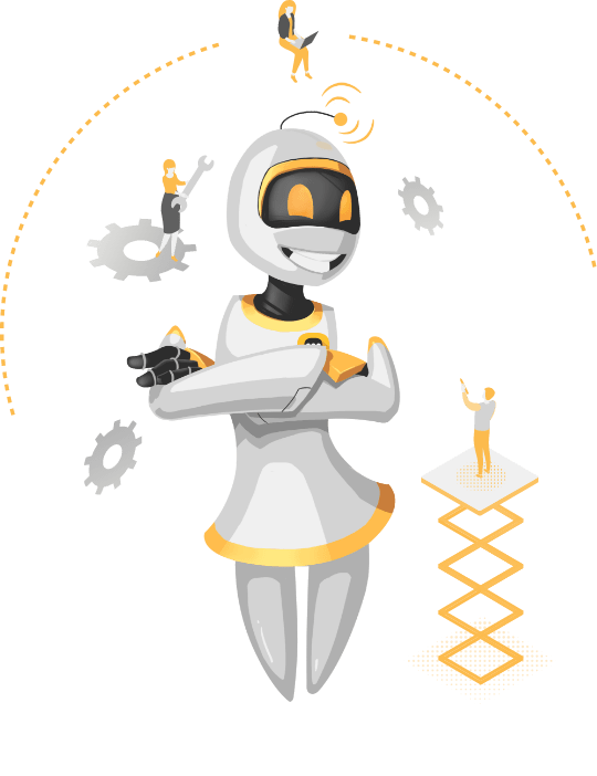 Ilustração da chatbot Ruby e engrenagens